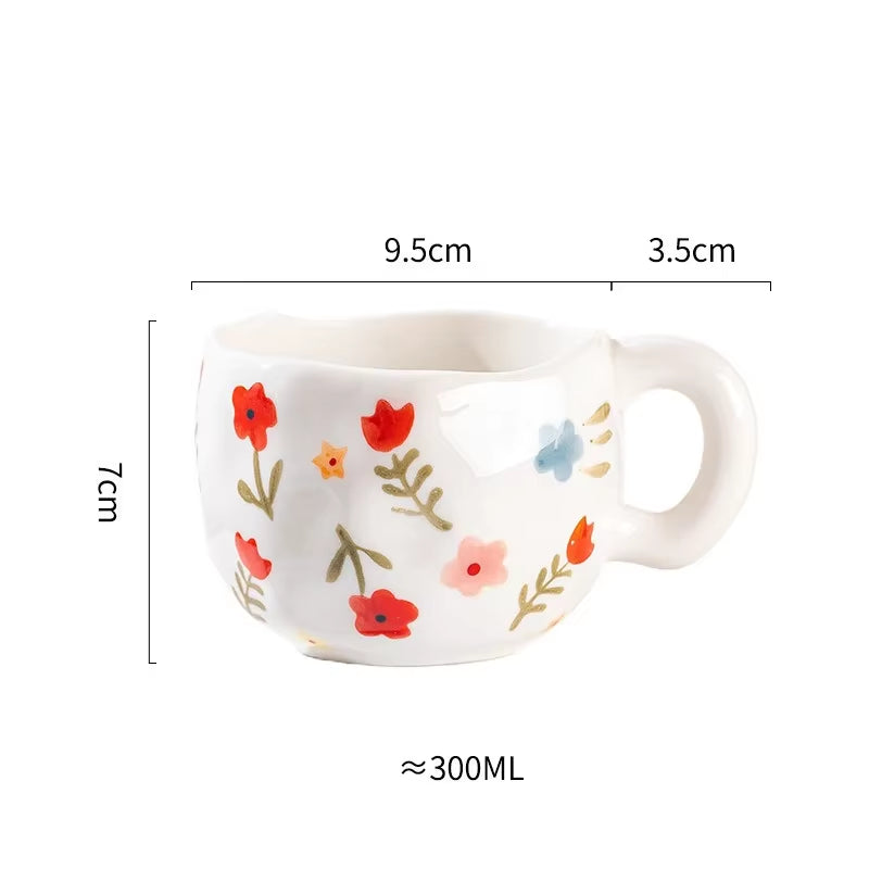 300ML Korean Style Hand Pinched Irregular Ceramic Mug Hand-Painted Flower Heart Coffee Cup Breakfast Milk Afternoon Tea Cup Gift