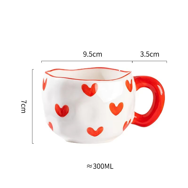 300ML Korean Style Hand Pinched Irregular Ceramic Mug Hand-Painted Flower Heart Coffee Cup Breakfast Milk Afternoon Tea Cup Gift