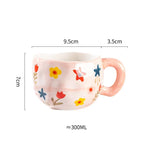 300ML Korean Style Hand Pinched Irregular Ceramic Mug Hand-Painted Flower Heart Coffee Cup Breakfast Milk Afternoon Tea Cup Gift
