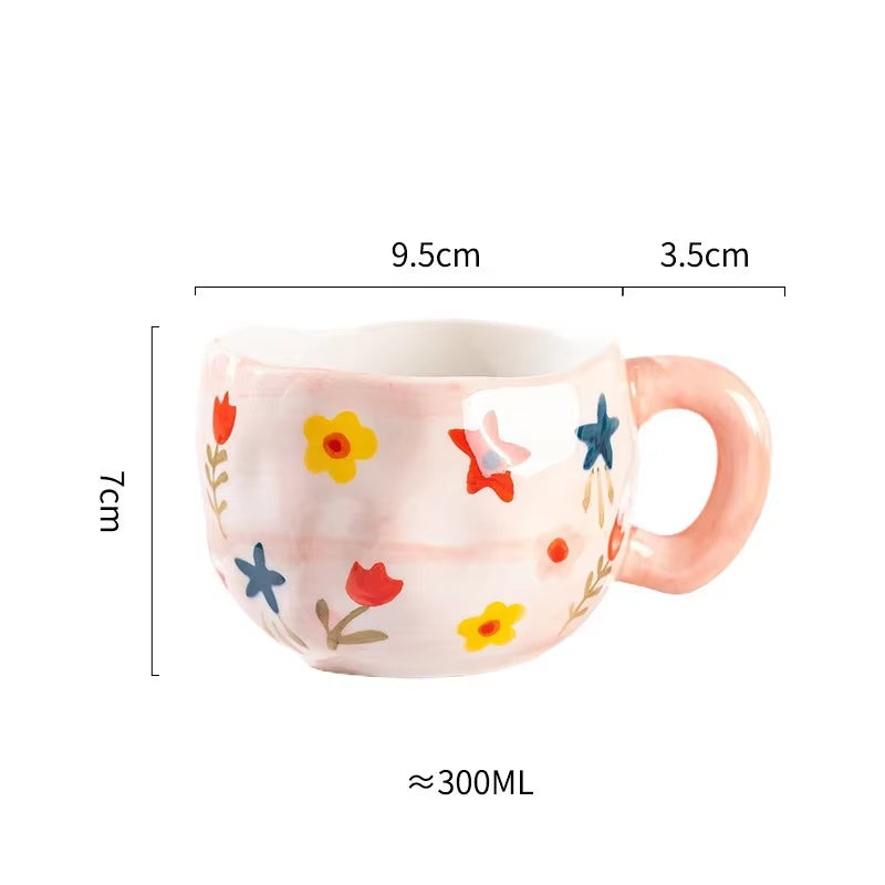 300ML Korean Style Hand Pinched Irregular Ceramic Mug Hand-Painted Flower Heart Coffee Cup Breakfast Milk Afternoon Tea Cup Gift