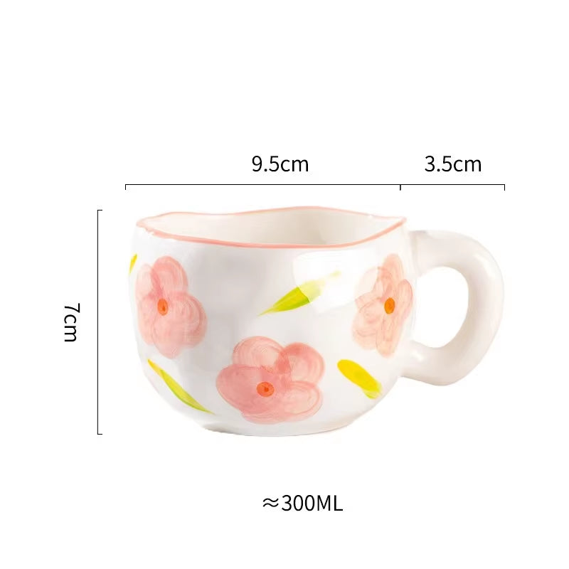 300ML Korean Style Hand Pinched Irregular Ceramic Mug Hand-Painted Flower Heart Coffee Cup Breakfast Milk Afternoon Tea Cup Gift
