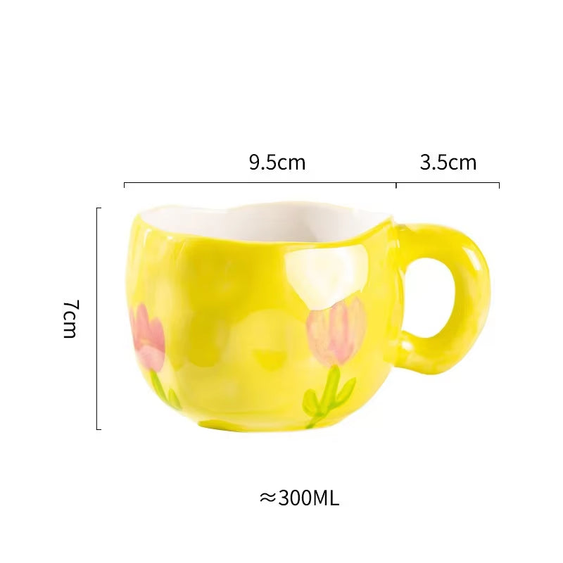 300ML Korean Style Hand Pinched Irregular Ceramic Mug Hand-Painted Flower Heart Coffee Cup Breakfast Milk Afternoon Tea Cup Gift