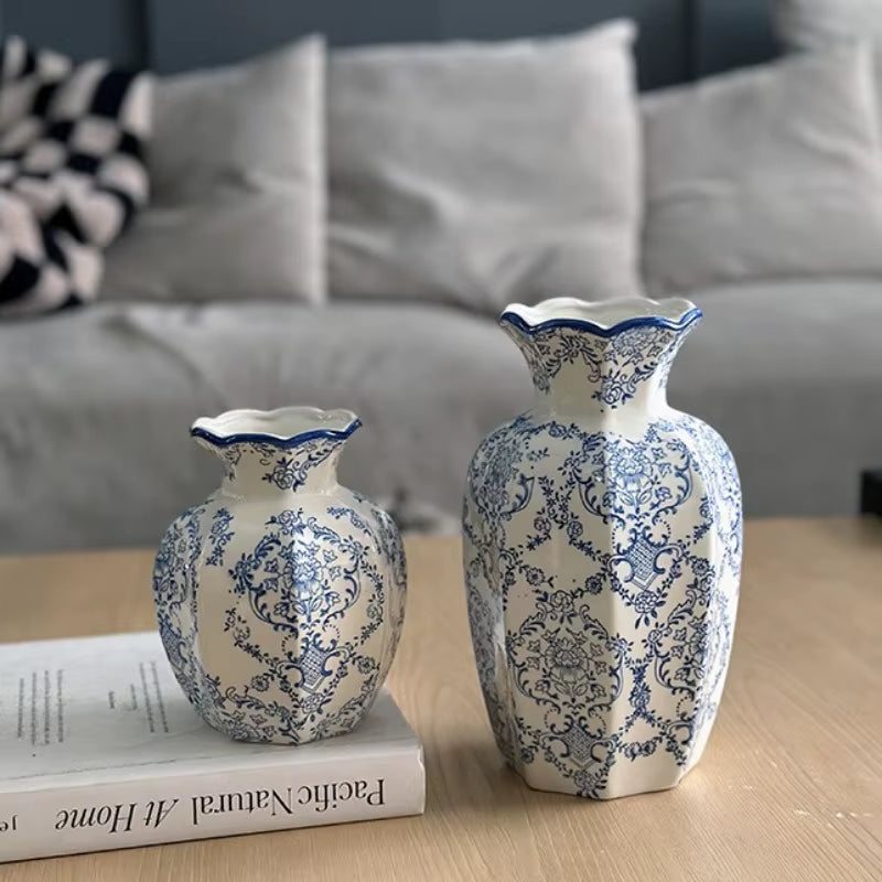 1PCS Hand-Painted Blue and White Porcelain Vase Elegant Home Decor for Living Room Entryway Desktop Flower Arrangement Display